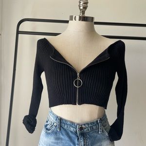 black ribbed full zip cropped top